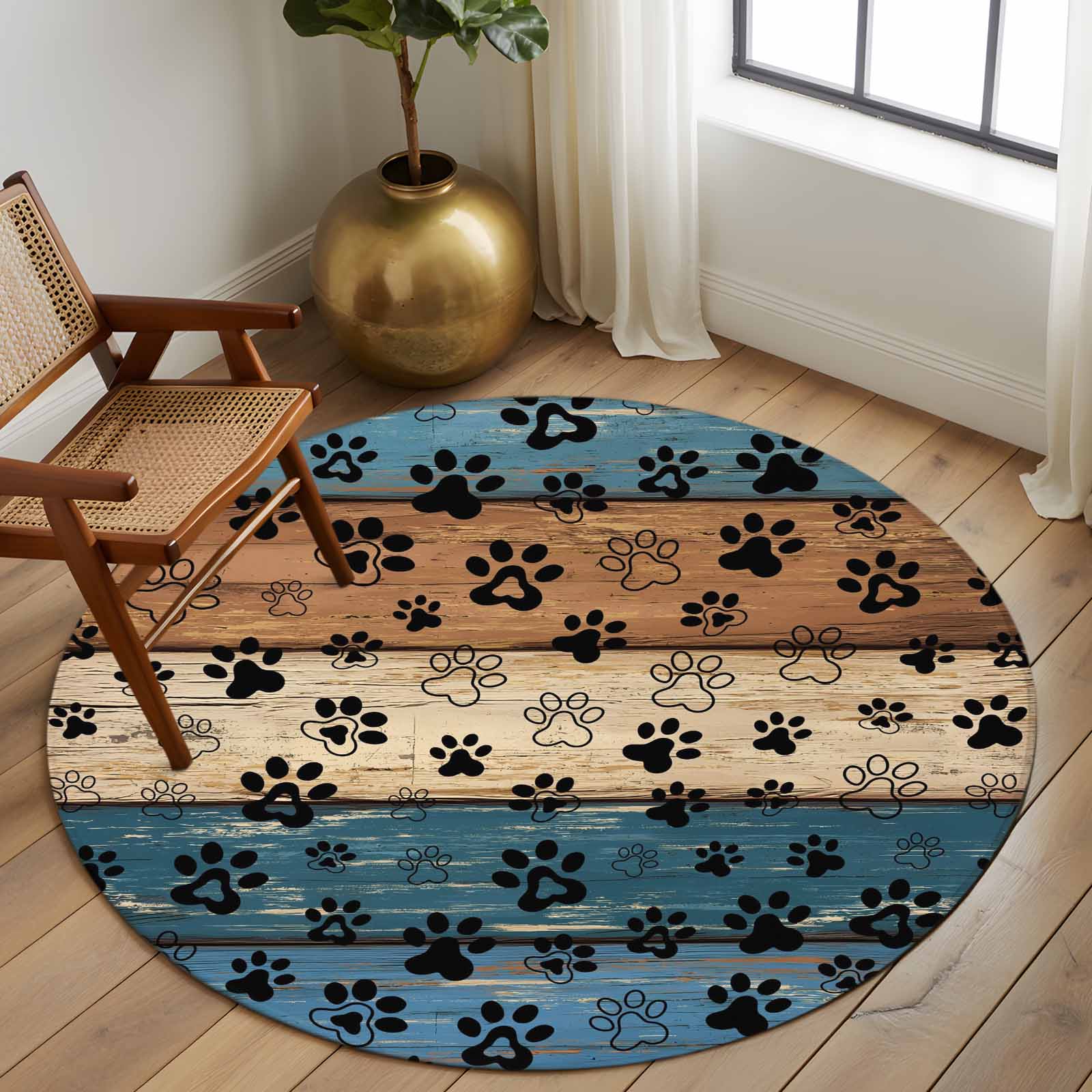 Round Area Rug 5 Ft, Navy Blue Brown Washable Non-Slip Circle Carpet for Living Room/Bedroom, Rustic Farmhouse Dog Paw Vintage Low-Profile Runner Mats Collection Rugs for Indoor