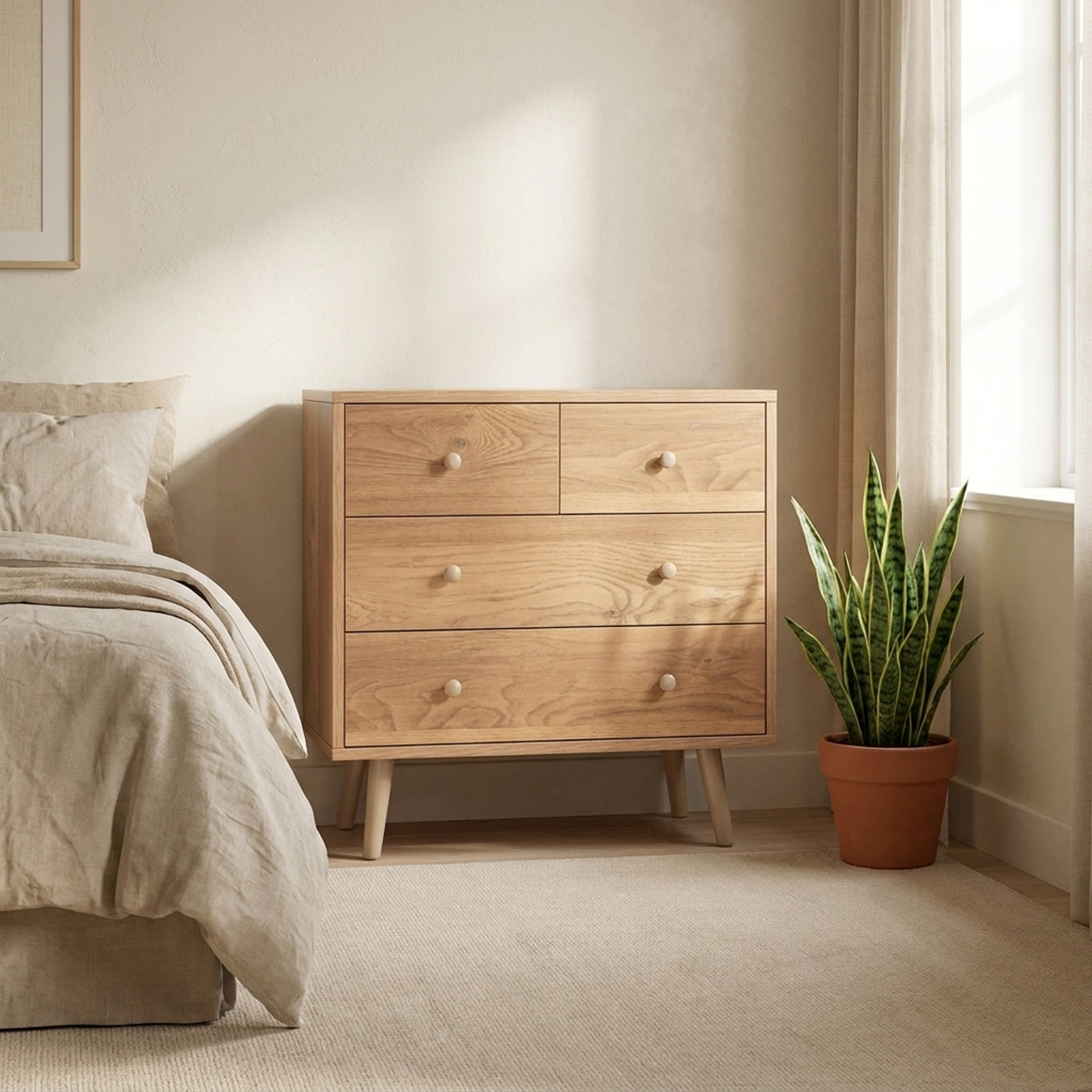 Furnibear Wide Wooden Dresser with 4 Drawers for Bedroom Living Room for Bedroom Closet Living Room Nursery Clothes Storage, Natural