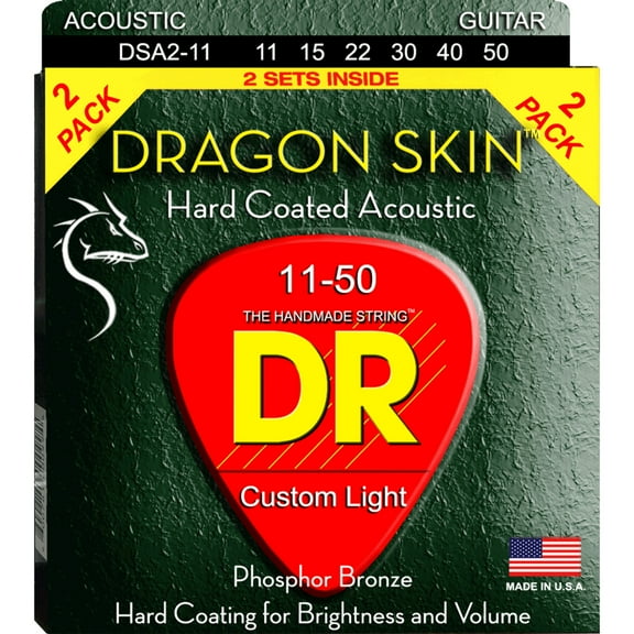 DR Strings DSA2-11 Dragon Skin Custom Light Coated Acoustic – 2-pack – 11-50