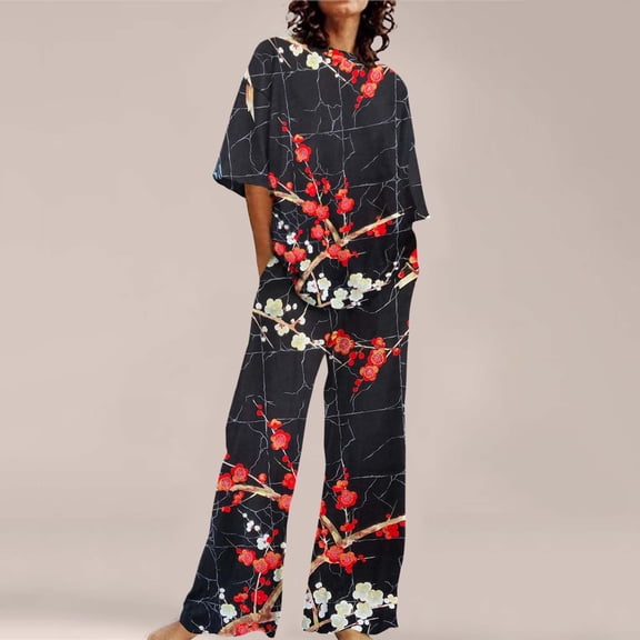 Womens Pajamas Summer Outfits for Women 2 Cotton Linen Set Oversized T Shirts Straight Leg Pant Plus Size Tracksuit