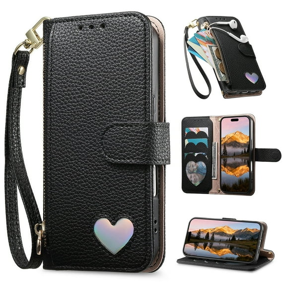 for iPhone 17 Wallet Case, Built-in Card Holder Zipper Pocket Wrist Strap Kickstand, Lychee Texture PU Leather Heart Pattern Protective Phone Case Women Girls, Full Body Protection, Black