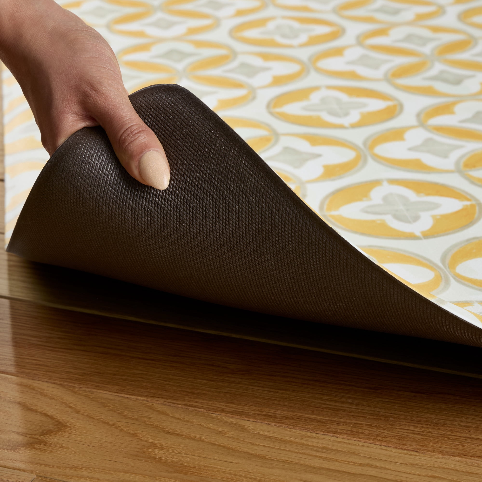 FIESTA Mali Tiles Geo Trellis Anti-Fatigue Comfort Kitchen Runner Mat, Non-Slip Floor Mat, Padded Standing Desk Mat, Yellow/Grey/White, 20"x55"