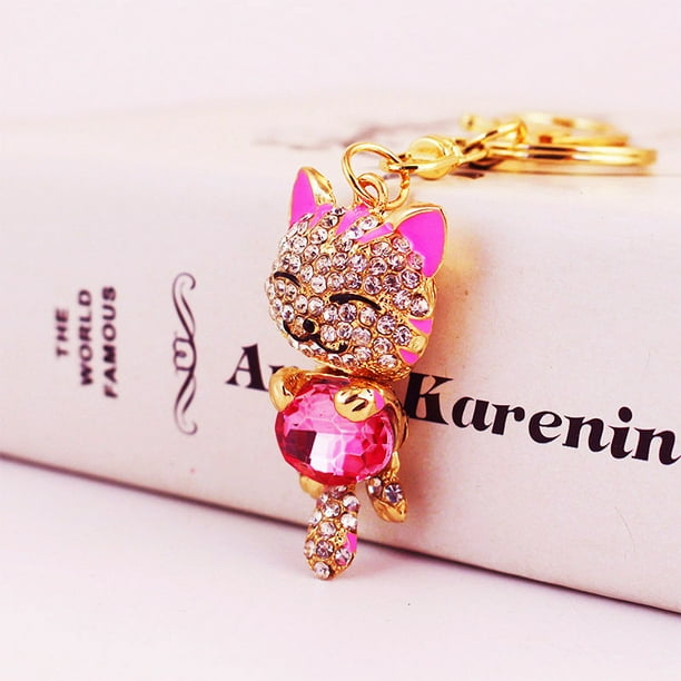 Llavero creativo con forma de gato de la suerte con incrustaciones de diamantes, accesorio para bolso de mujer, llavero con colgante de metal de gatito, regalo pequeño