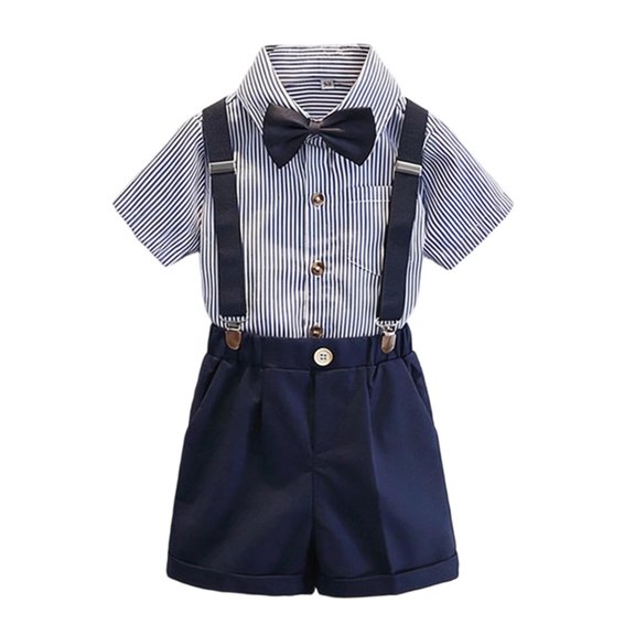 XAOFW Back To School Outfits For Boys Short Sleeve Striped Shirts Suspenders Shorts Toddler Kids Comfortable Gentleman Sets 2-3 Years