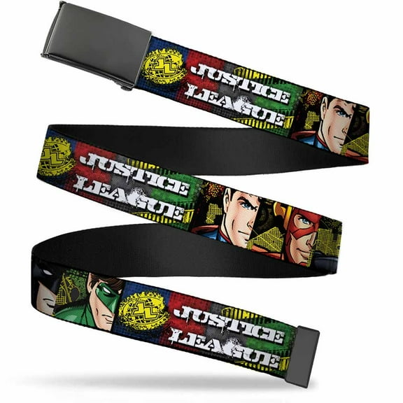 Adjustable Belt, Clamp Buckle, Cut-to-Fit, Justice League Logo Superhero Panels Pop Art