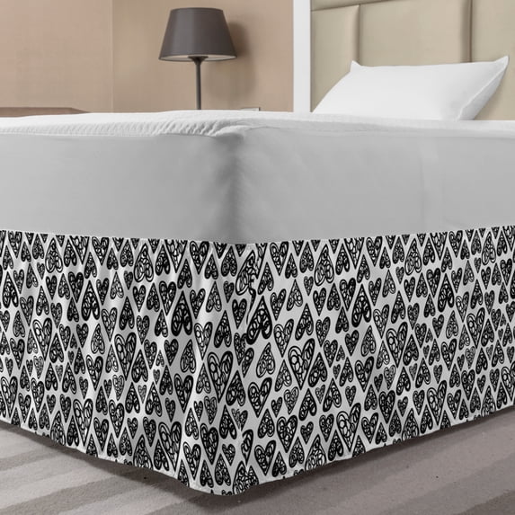 Doodle Bed Skirt, Romantic Funny Sketch Style Heart Love Me Valentines Celebration Themes, Elastic Bedskirt Dust Ruffle Wrap Around for Bedding Decor, 4 Sizes, Black White, by Ambesonne