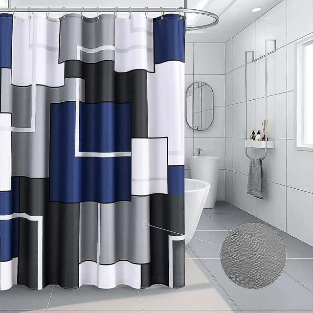 Juego de cortina de ducha azul con gancho Cortina de ducha azul y blanca Tela de baño Cortina de ducha gris Cortina de ducha de geometría abstracta Cortina de ducha De