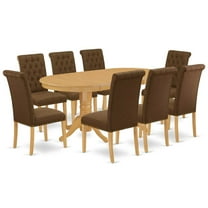 VABR9-OAK-18 9Pc Dining Set Includes an Oval Dining Table with Butterfly Leaf and Eight Parson Chairs with Dark Coffee Fabric, Oak Finish
