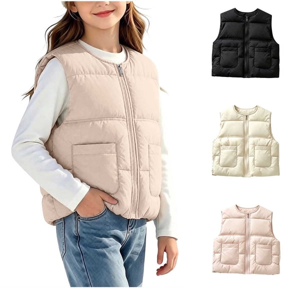 YUANxueke Kids Winter Outdoor Sleeveless Jacket Casual Full Zip Crewneck Vest with Patchwork Pockets,Beige,3-4 Years