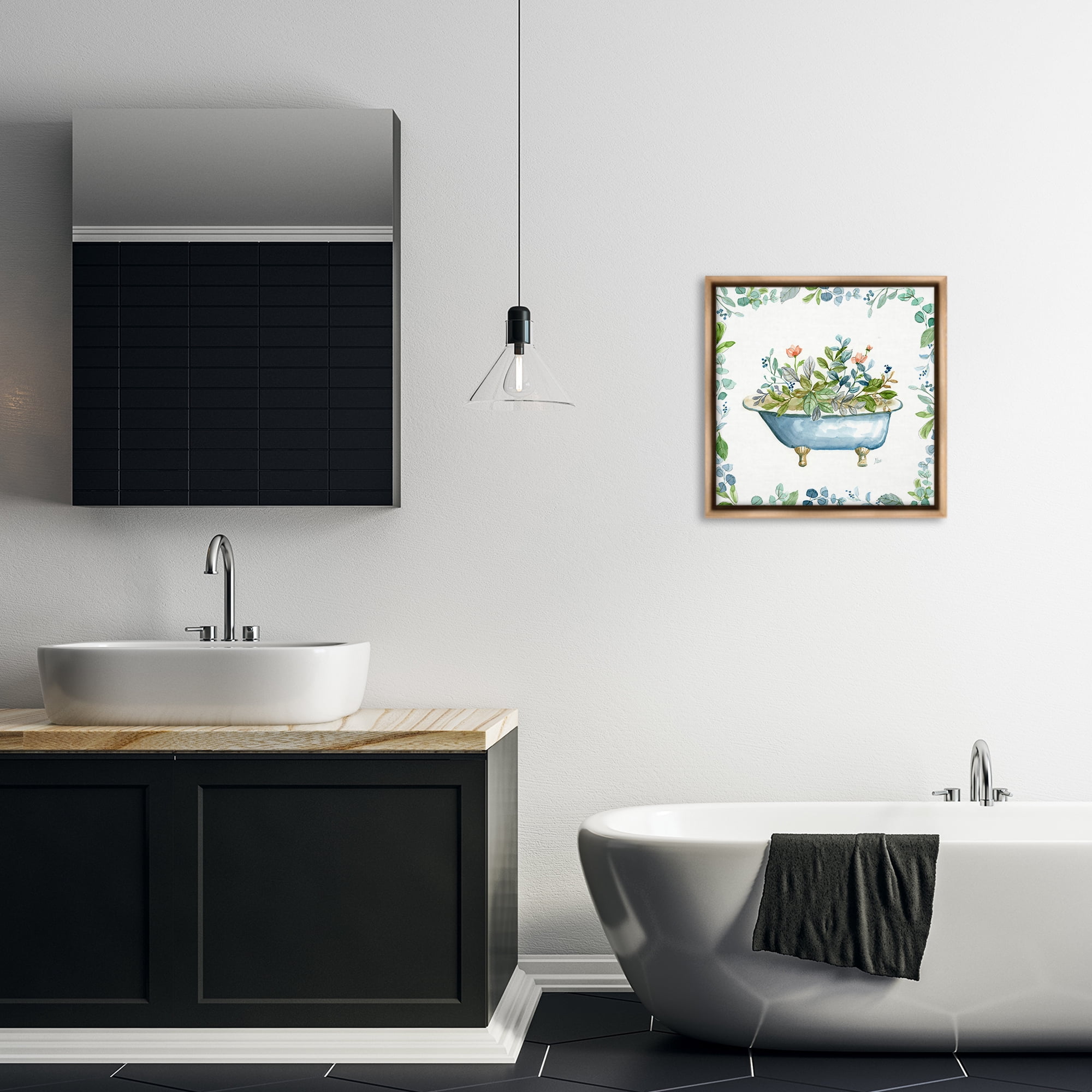 Stupell Industries Botanical Bath Tub Typography Painting Brown Floater Framed Canvas Art Print Wall Art, 18 x 18