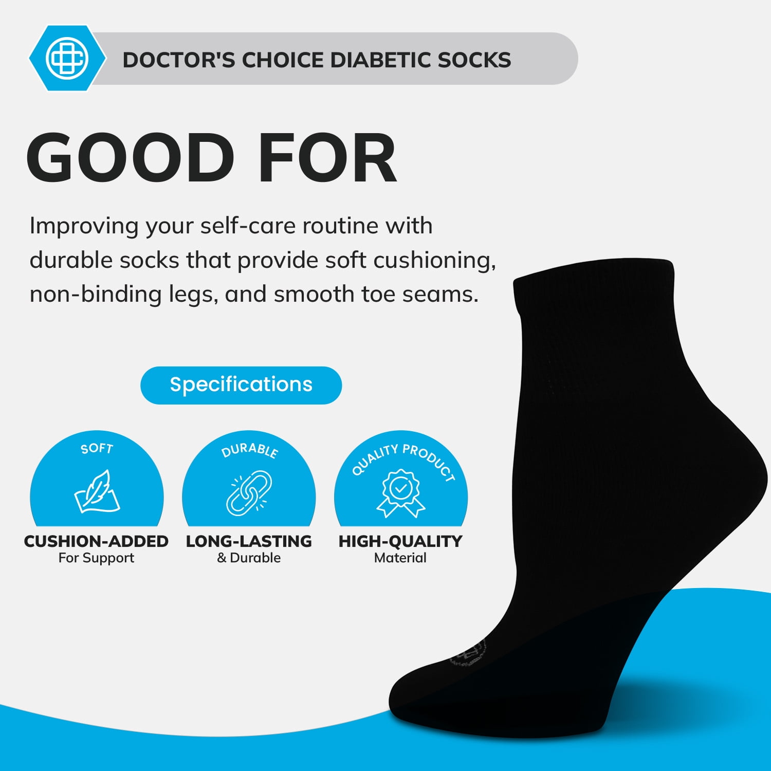 Doctor's Choice Diabetic Full Cushion Quarter Women's Socks, Large, Women's Shoe Size 10-13, 4 Pack