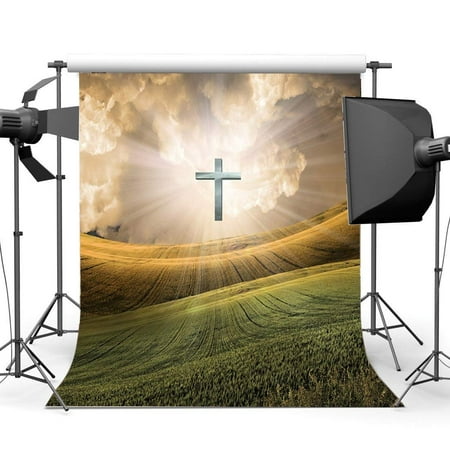 Image of ABPHOTO Polyester 5x7ft Happy Easter Backdrop Resurrection of Backdrops Cross Holy Lights White Cloud Green Wheat Field Photography Background for Kids Baby Party Portrait Photo Studio Props