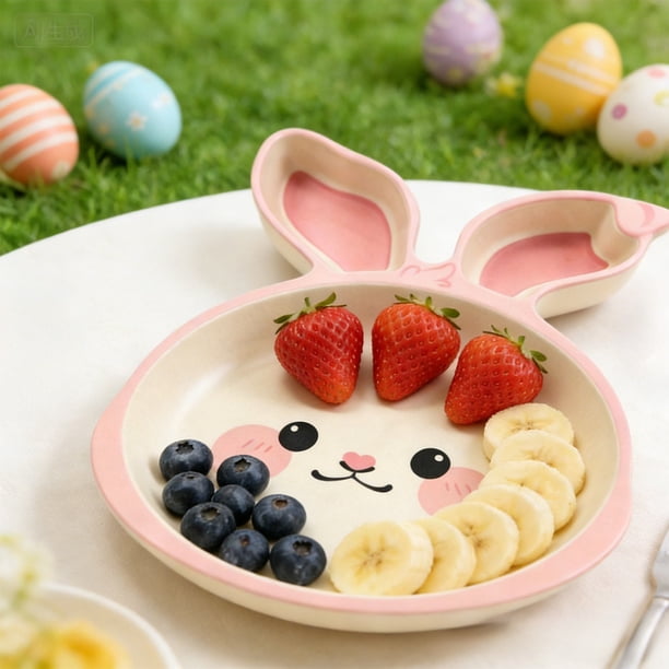 Utensilios y aparatos de cocina, platos de alimentación de 3 compartimentos con forma de conejito de Pascua para niños, platos de comida sólida para bebés pequeños, linda bandeja de aperitivos con or