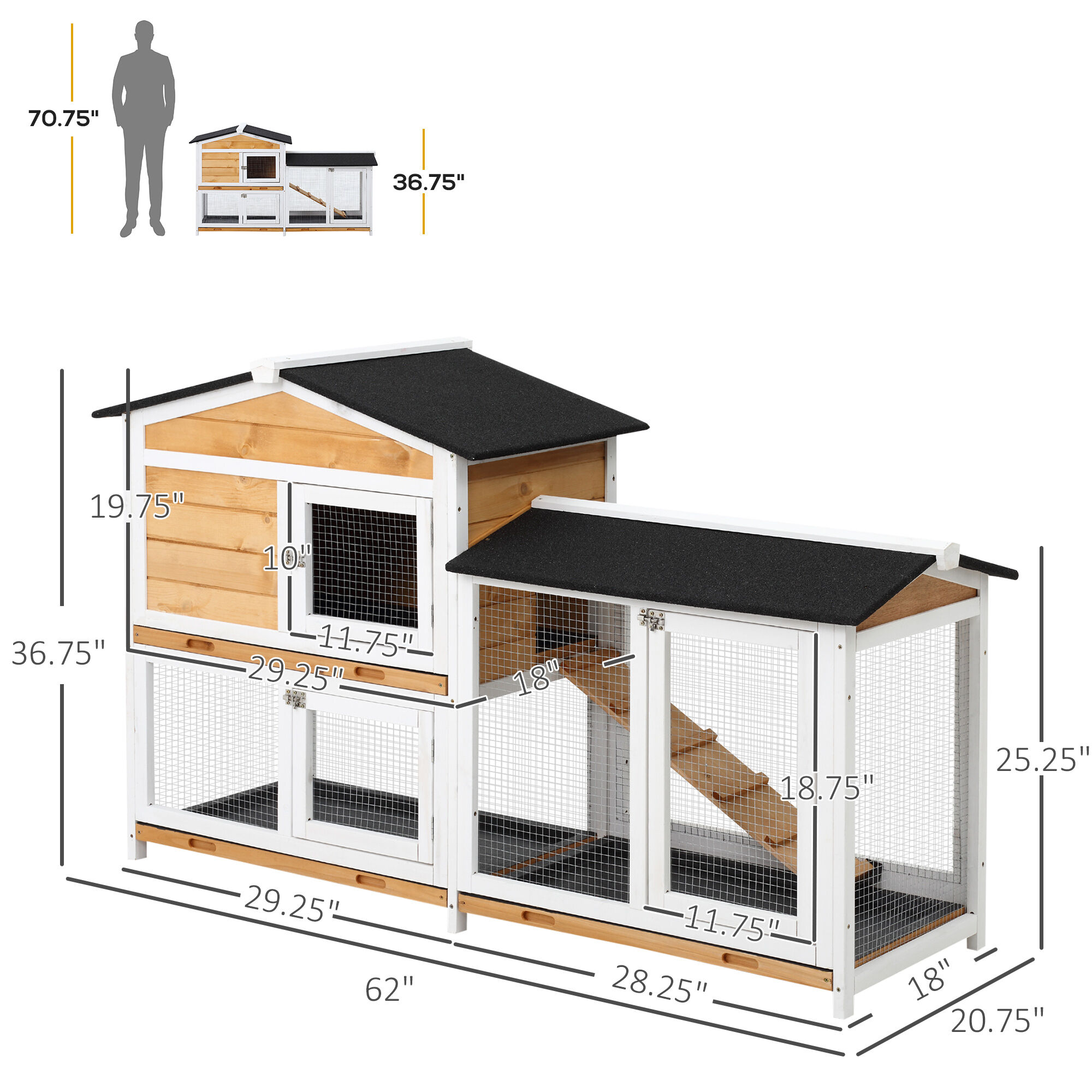 Dog Crate, PawHut 2-Story Rabbit Hutch Wooden Bunny Hutch Cage Small Animal House with Ramp, No Leak Tray, Weatherproof Roof and Outdoor Run, Indoor/Outdoor, Yellow, Yellow Pet Playpen,Chicken Coop