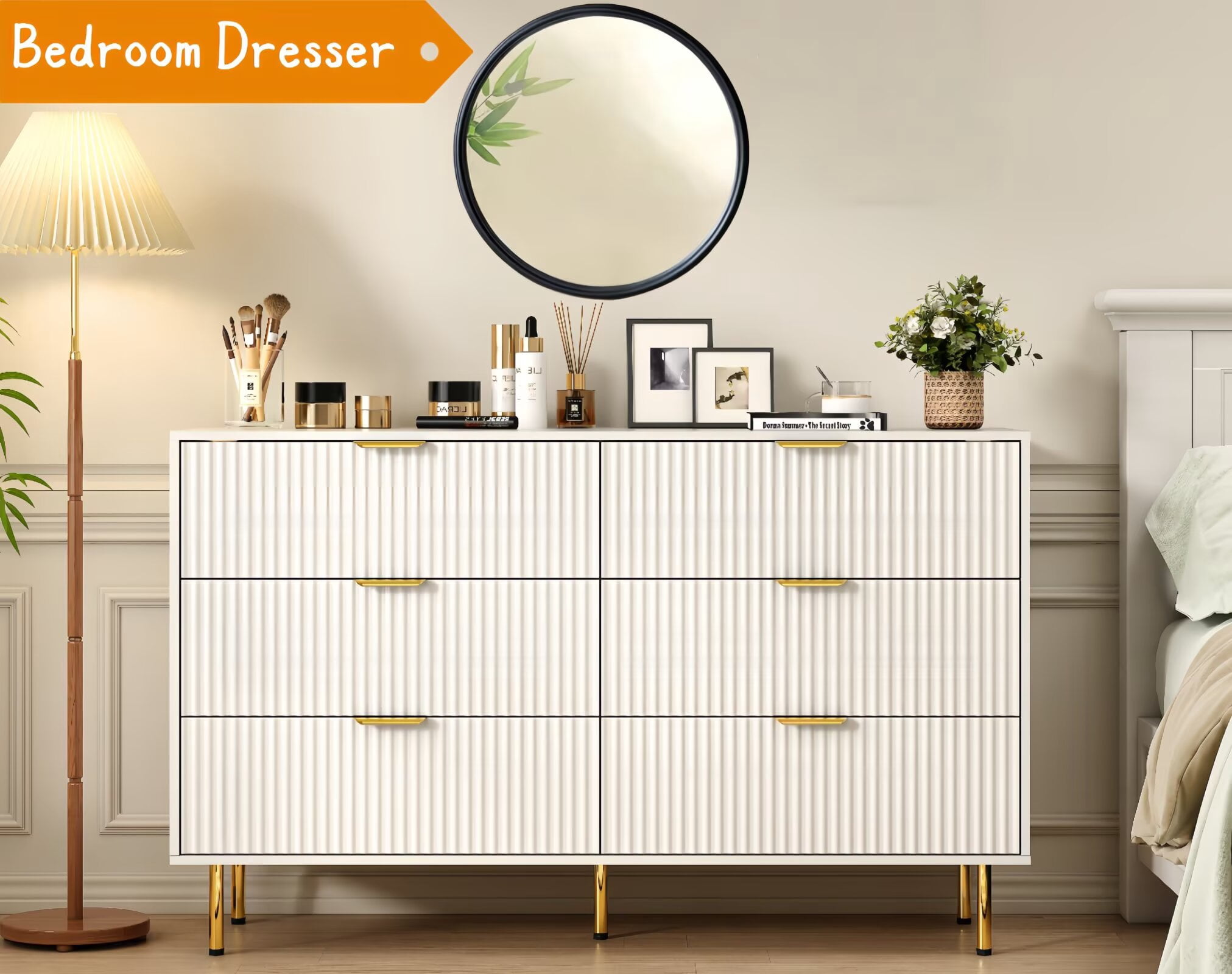 56" Wide White 6 Drawers Dresser for Bedroom, Fluted Storage Chest of Drawers Living Room
