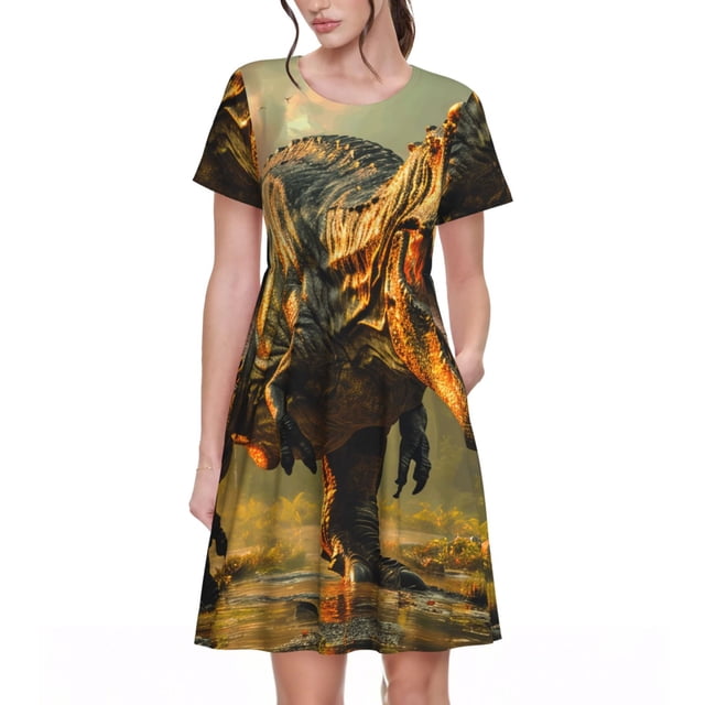 Easygdp Realistic Style Forest Dinosaur para Vestido Transpirable de Mujer, Vestido Suelto de Manga Corta con Pliegues y Bolsillos para el Verano