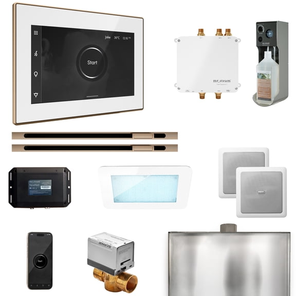 Mr Steam Bliss Max Steam Shower Pkg w/iSteamX Control and Linear Steamhead in White Polished Gold
