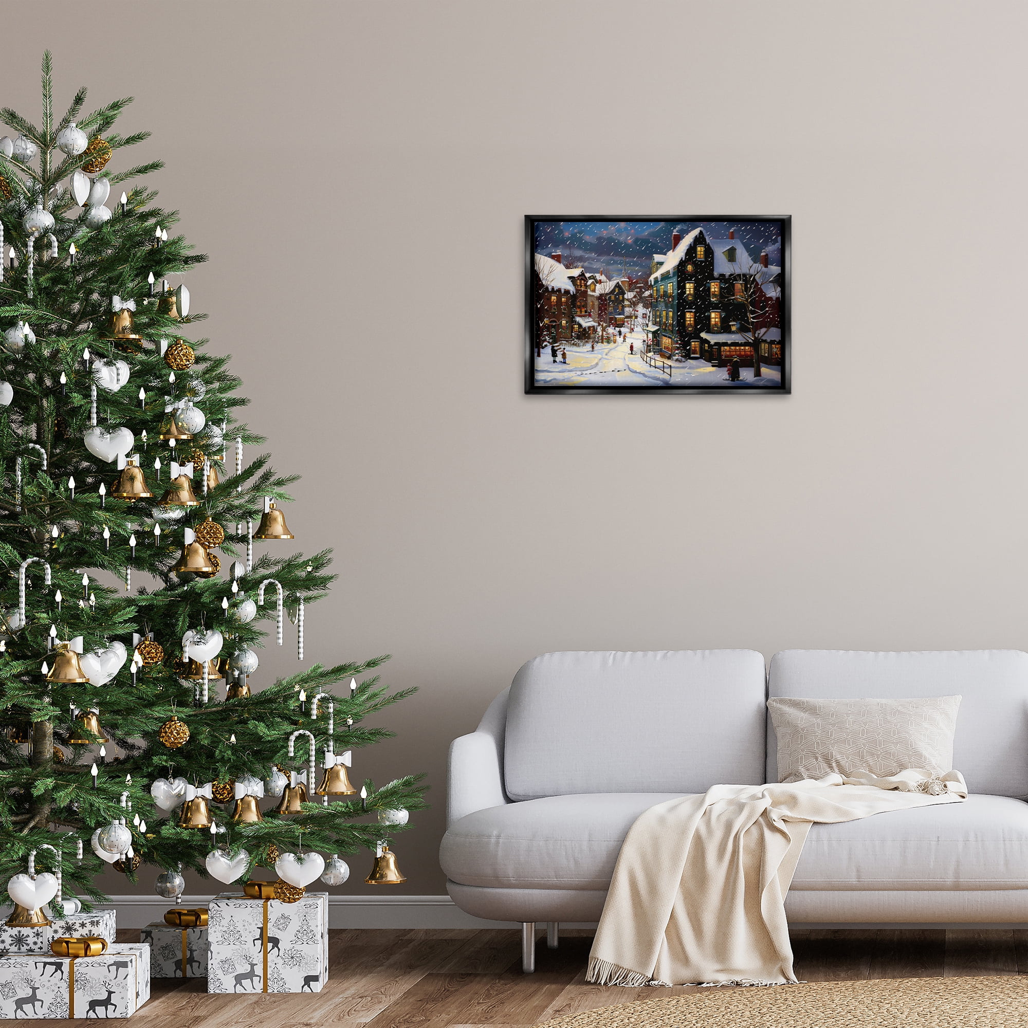 Stupell Industries Frozen Urban Charm Town & City Painting Black Floater Framed Canvas Art Prints Wall Art, 25 x 17