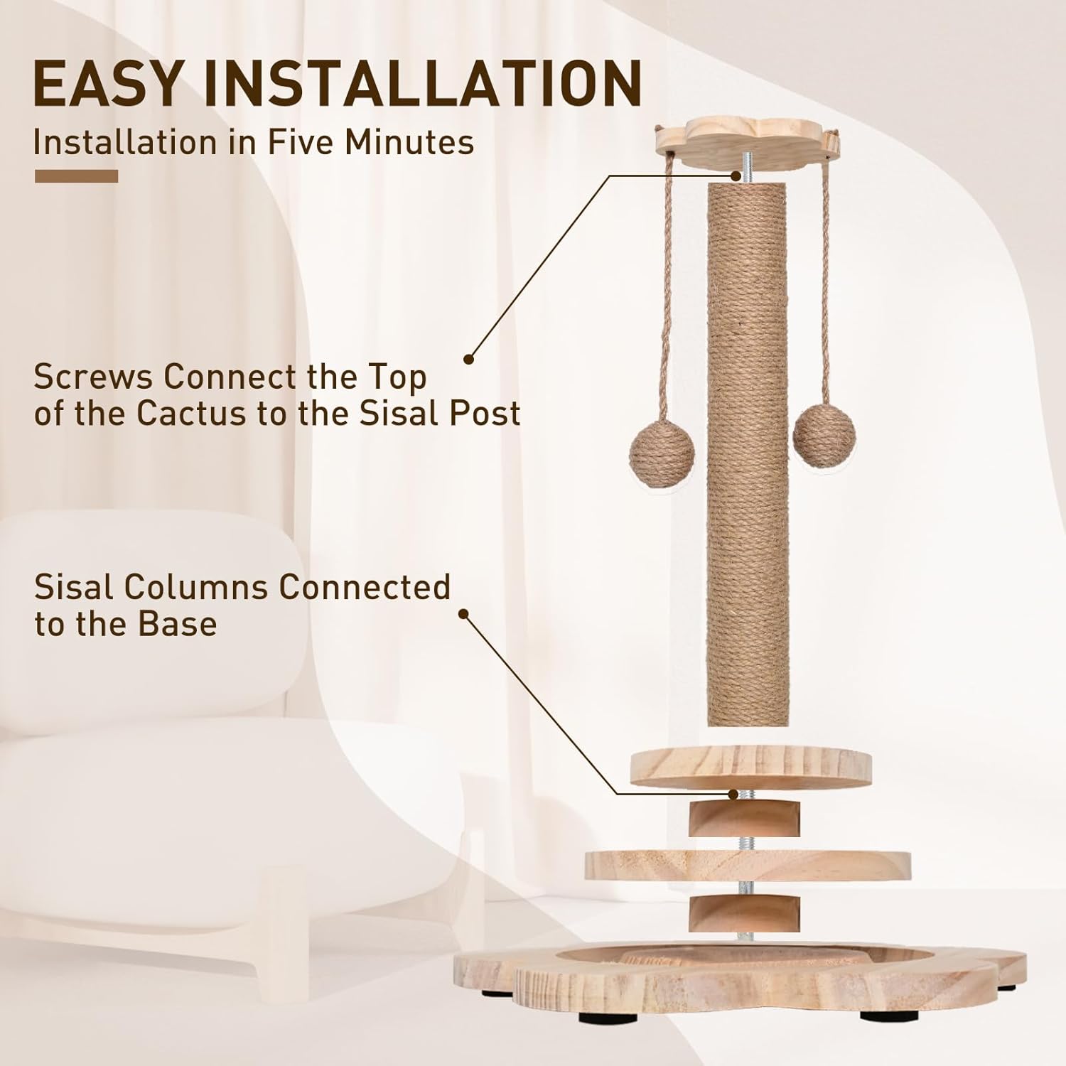 LTS EMIRA Cat Scratching Post, 4 in 1 Wooden Cat Scratcher Toy, 19.6" Tall Scratch Post with 2 Level Cat Track Balls, Interactive Feather Toy and 2 Sisal Hanging Balls for Indoor Kittens, Adult Cats