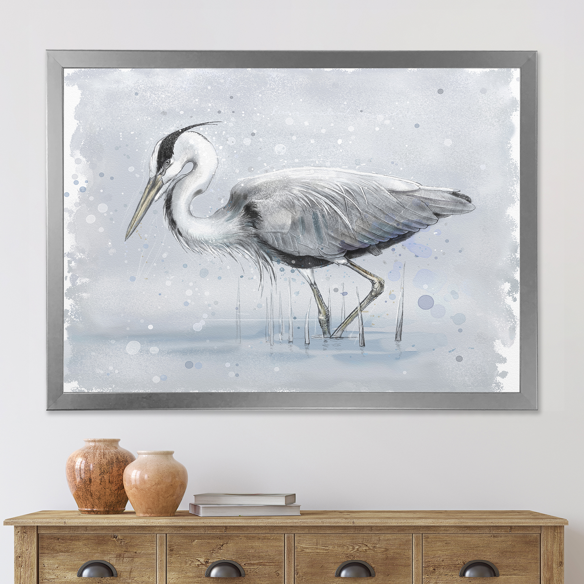 Designart 'Grey Heron Bird In Lake' Farmhouse Framed Art Print