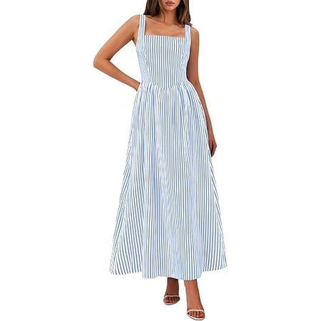 PRETTYGARDEN Women's Maxi Striped Dress Summer Sleeveless Square Neck Smocked A Line Long Flowy Spring Vacation Sundress