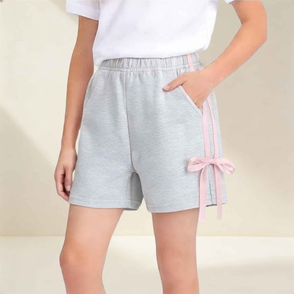 hengsof Sweet Bow Tie Athletic Shorts for Girls, Solid Color Soft Breathable Running Shorts for Summer, Stylish Elastic Waist Casual Shorts