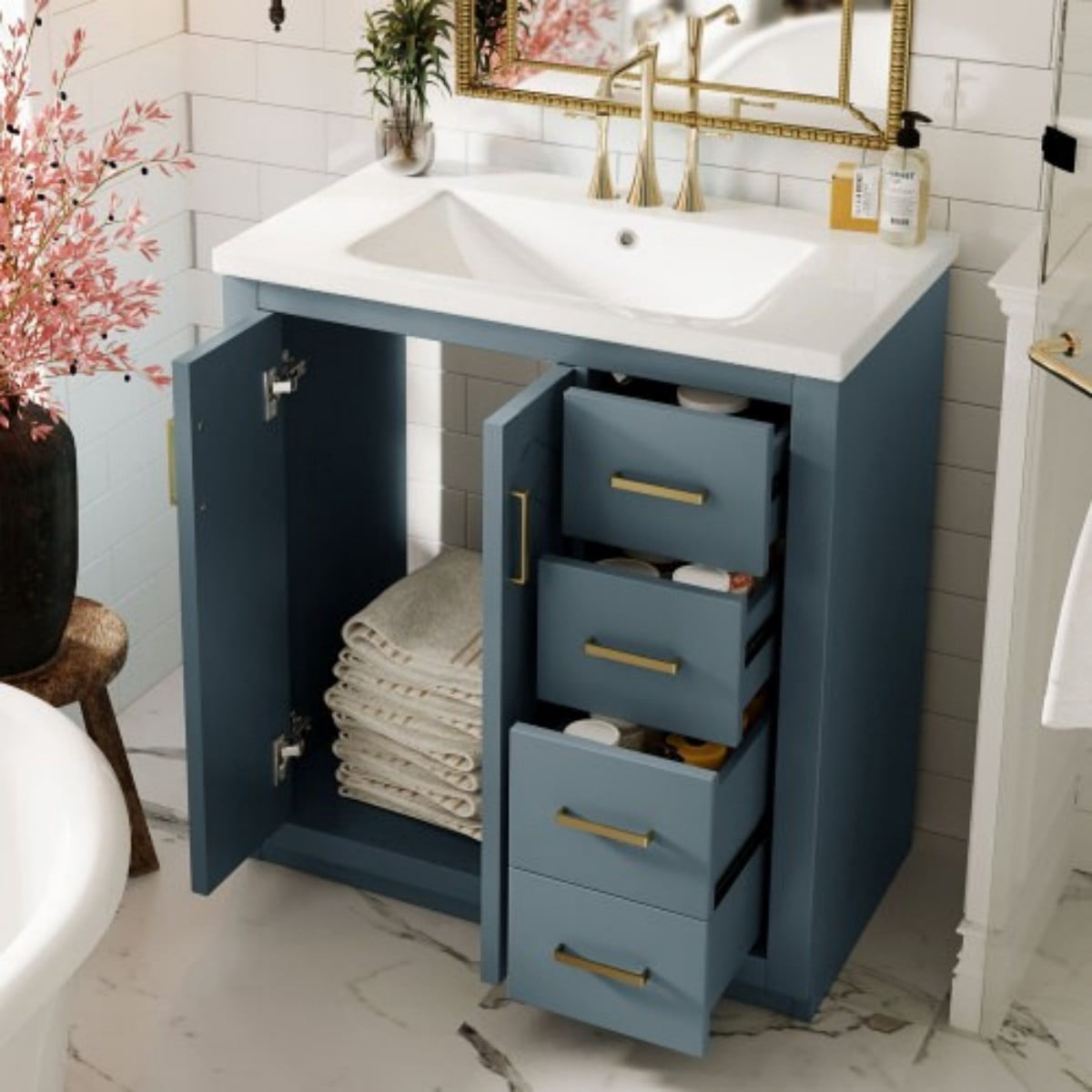 30" Bathroom Vanity with Ceramic Sink Combo, Freestanding Bathroom Vanity Cabinet with 3 Drawers, Solid Wood Frame, Retro Style, Blue