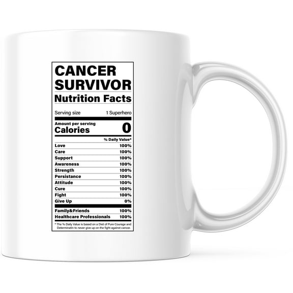 Cancer Survivor Nutrition Facts Mug - Superhero Cancer Support Gift - Motivational Coffee Mug - Cancer Awareness & Get Well Soon Gift - 11 Ounce Novelty Coffee Cup - WMUG0343