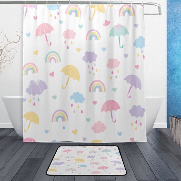 TTYFWHD 60" x 72" Shower Curtain and Bath Mat Set Rainbow Umbrella Cloud Pattern Waterproof Bathroom Curtain with 12 Hooks, Bathroom Decor Set