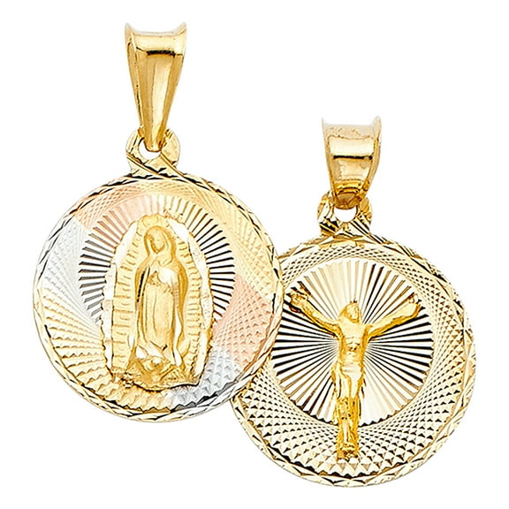 14k Tri-Color Gold Crucifix Double Sided Pendant Virgin Mary Jesus Christ Charm Jewelry Female