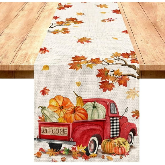 Fall Table Runner, Table Runner for Fall 90 Inch, Autumn Pumpkin Red Truck Runners for Home Kitchen Dining Decoration