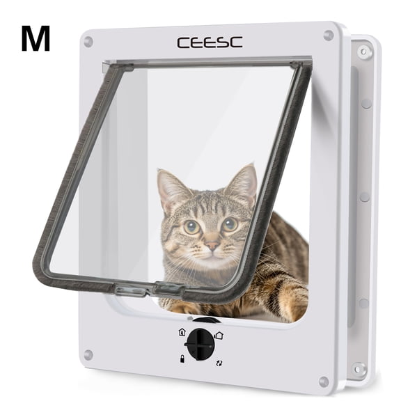 CEESC Medium Cat Door for Interior/Exterior Door, Weatherproof, White, Rotary 4 Way Locking Pet Door for Cats and Dogs with Circumference Under 15.75", Upgraded Version