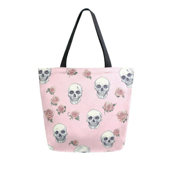 Open Top Canvas Tote Bag with Zipper Reusable Shopping Bag 13.5x15" Roomy Carryall Skulls and Roses Pattern