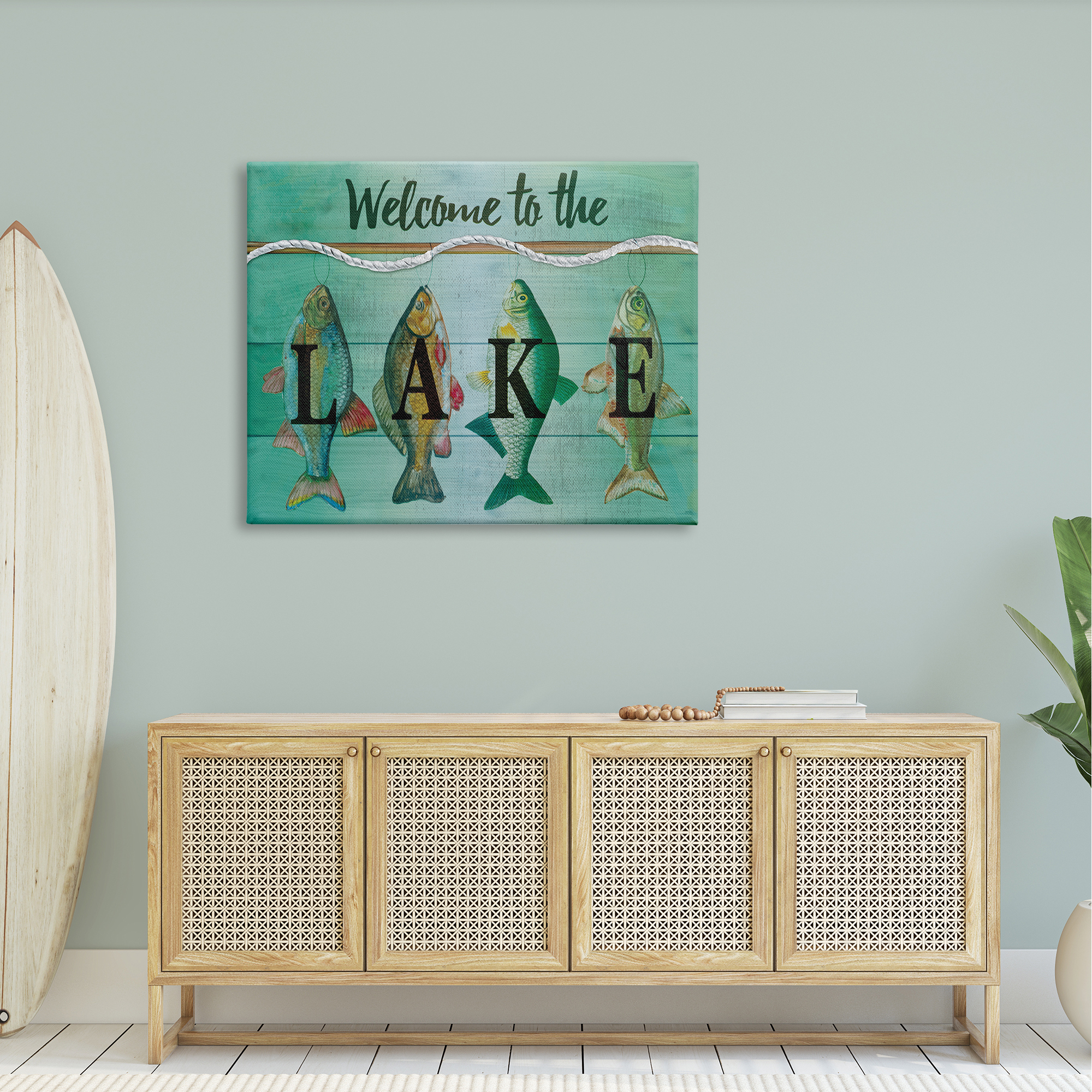 Stupell Welcome Lake Nautical Fishing Rope Landscape Painting Gallery Wrapped Canvas Print Wall Art