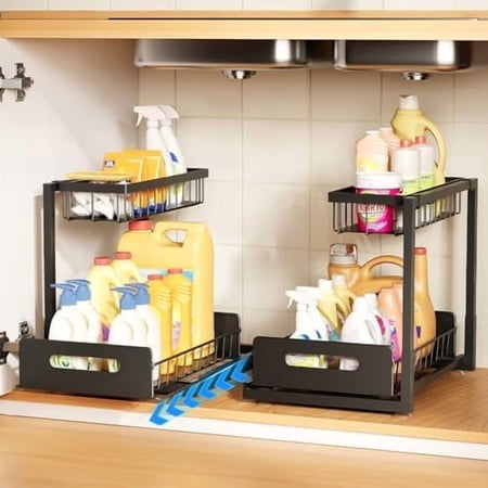 Metal Under Sink Pull Out Organizer with Sliding Drawer – Adjustable Storage Shelf for Kitchen Bathroom Laundry Pantry RV Black 1 Pack