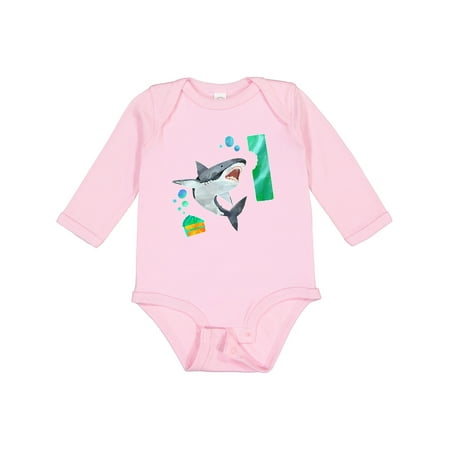 

Inktastic First Birthday Shark with Cake Boys or Girls Long Sleeve Baby Bodysuit