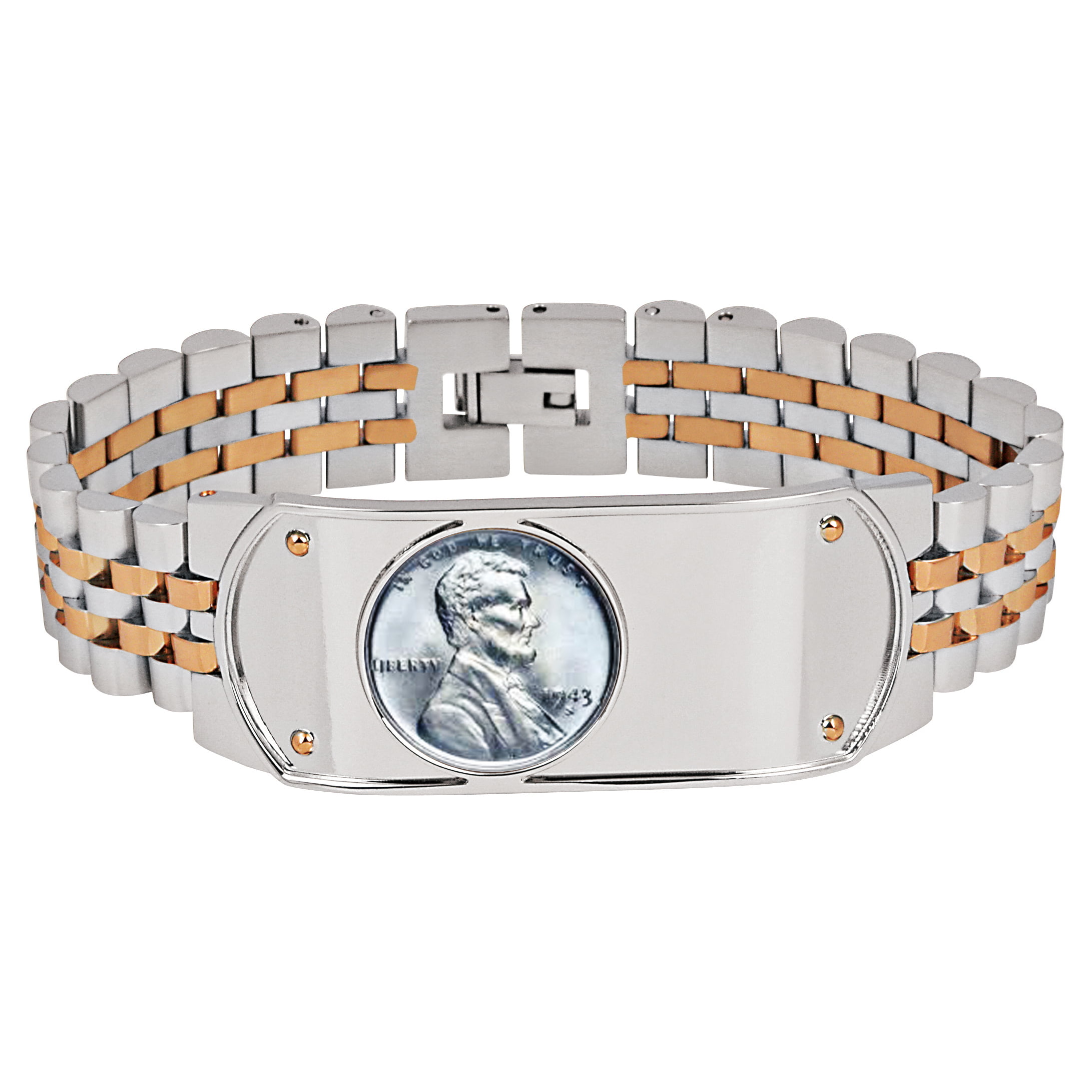 Men's Two-Tone Stainless Steel Bracelet with Lincoln Steel Penny Coin