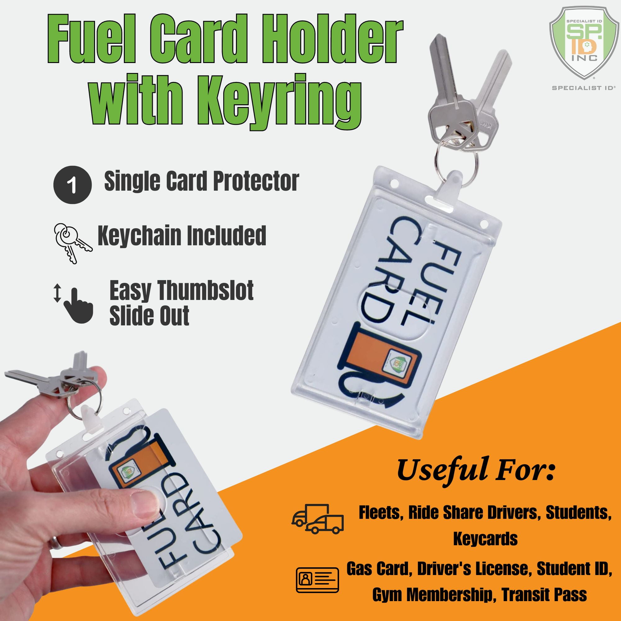 10 Pack - Rigid Fuel Card Holder with Key Ring - Clear Hard Plastic Card Protector Keychain for Fleet, Gas Cards, Company Cars and More by Specialist ID