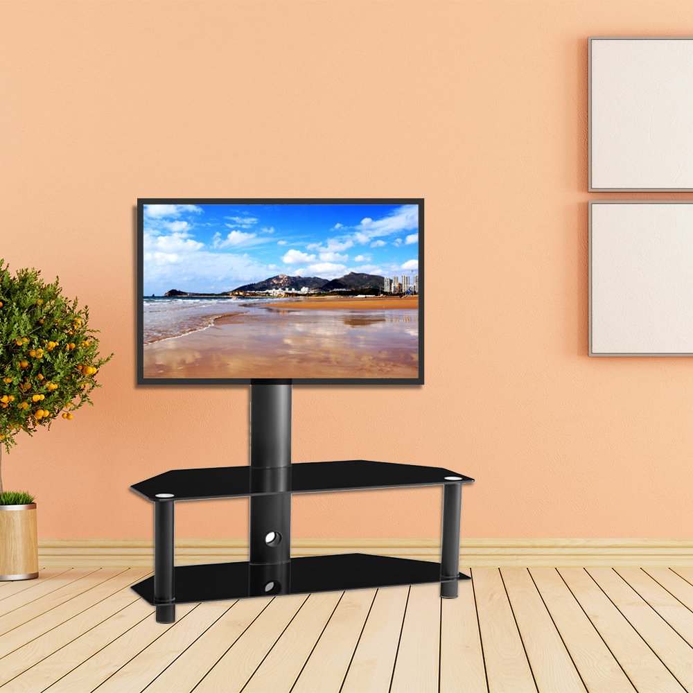 Universal TV Stand, Angle And Height Adjustable 2 Tier Tempered Glass