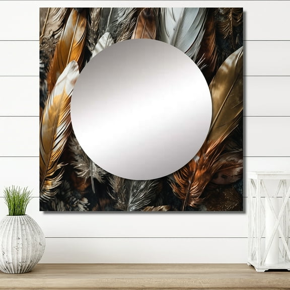 Designart "Feather Extravaganza Gold III" Glam Feather Gold Large Square Mirror - Square Bedroom Mirror Printed Wall Decor - Glam Square Printed Wall Mirror Art