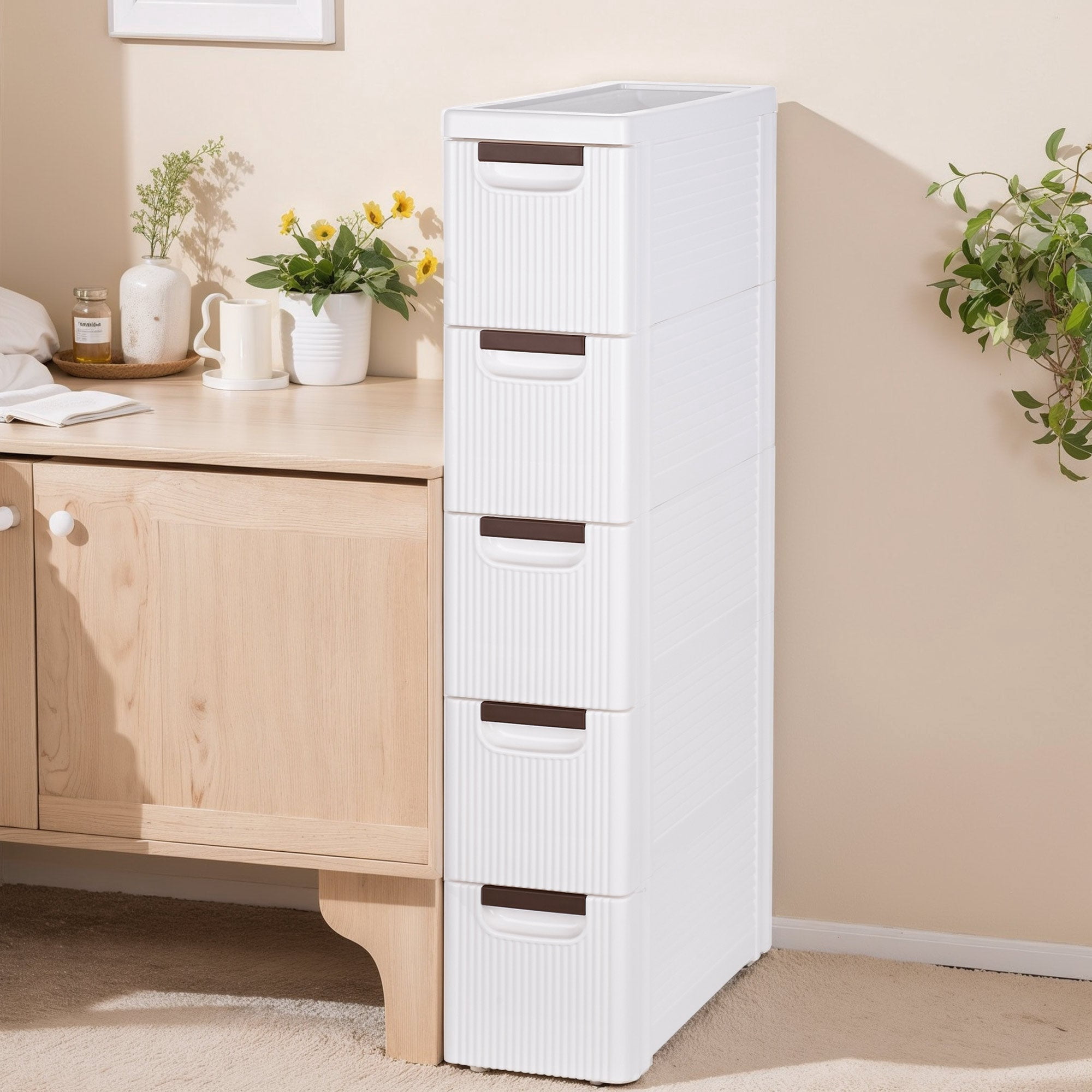 VECELO 5 Drawers Small Bathroom Stackable Storage Cabinet Floor Side Cabinet, Freestanding Plastic Narrow Lim Corner Slide Out Drawer Storage, For Bedroom Kitchen, White