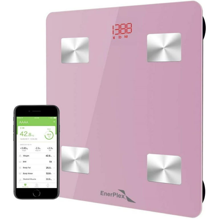 EnerPlex Scale for Body Weight Bluetooth Digital BMI Bathroom Body  Composition Analyzer & Smartphone Track App - Pink 