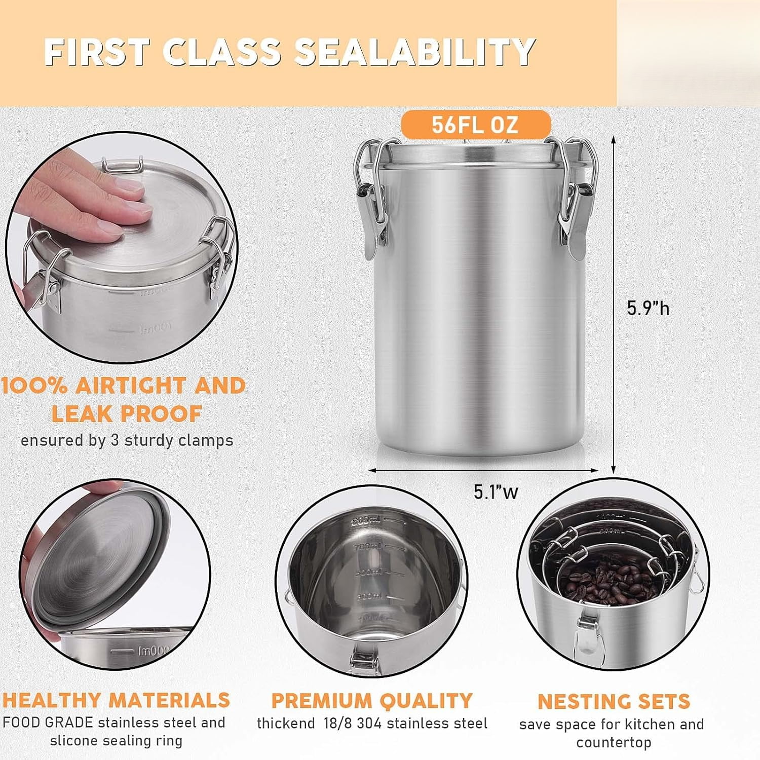 Compact Stainless Steel 100% Airtight Canisters Sets for Small Kitchens | Metal Food Storage Containers with Lids Sealed - Keep Flour, Sugar, Coffee, Tea Fresh for Months (18+35+56 fl oz)