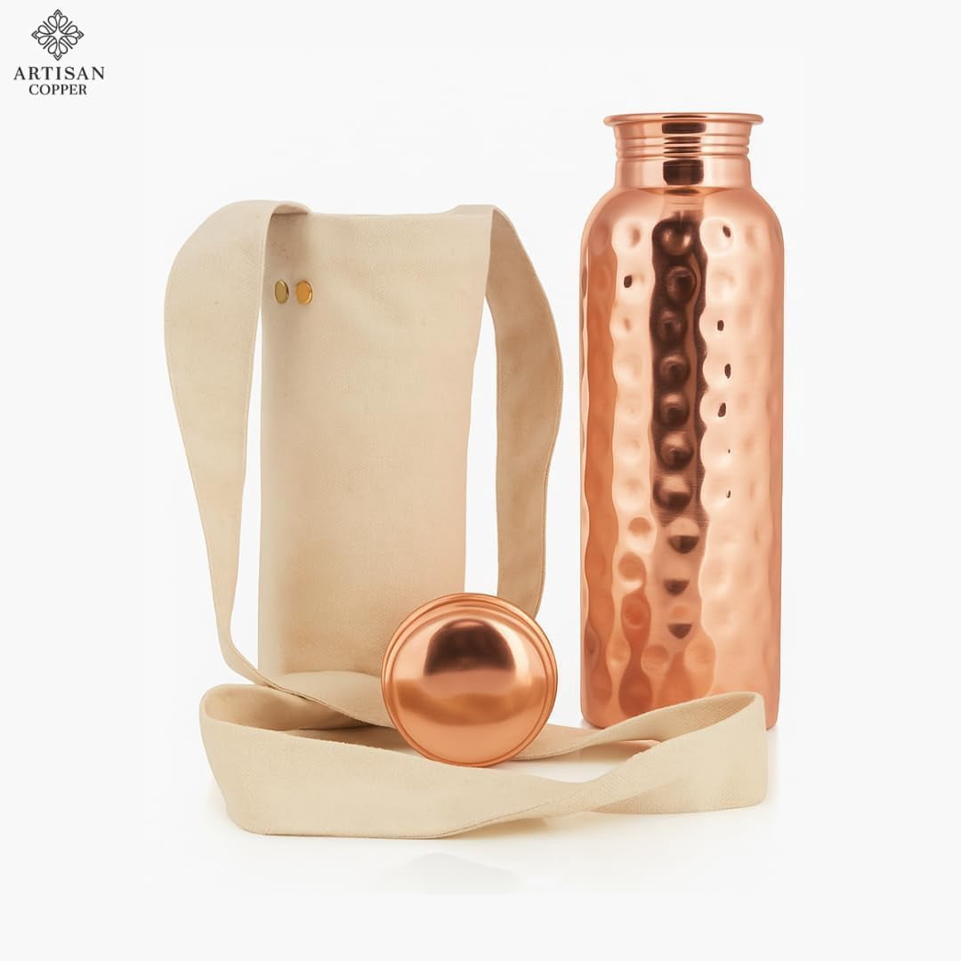 Artisan Copper 100% Pure Copper Water Bottle 32oz, Ayurvedic Drinking Bottle for Women and Men Wide Mouth Design Carrying Canvas Bag