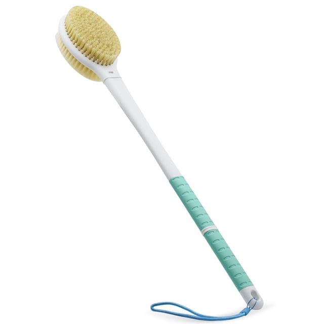 Cepillo de ducha con cerdas suaves y rígidas, mango largo, cepillo de baño de doble cara, exfoliante corporal para cepillado húmedo o seco (verde extralargo)