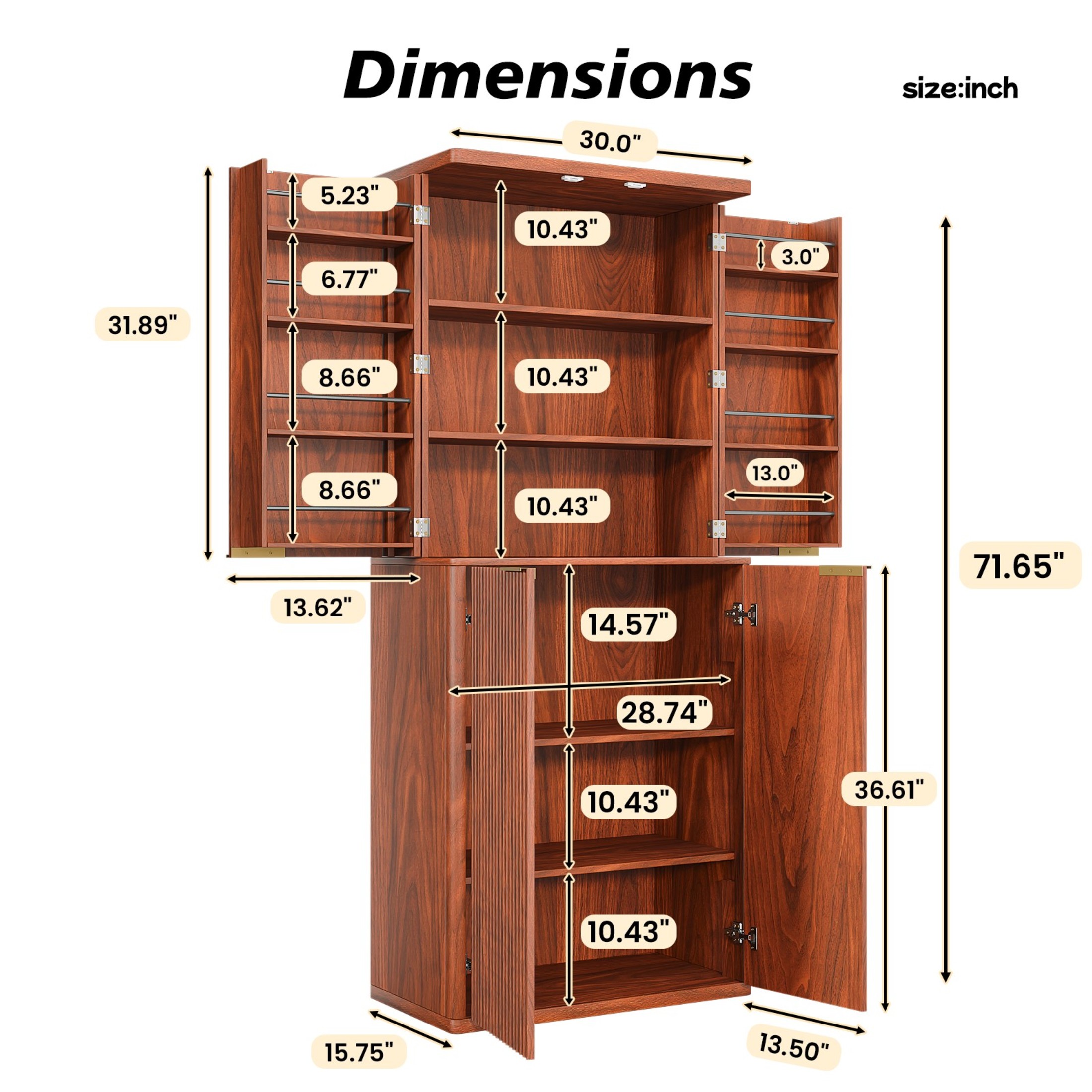 Noble House 72" Tall Modern Fluted Wood Kitchen Pantry Cabinet with Shelves & Door Storage, Walnut