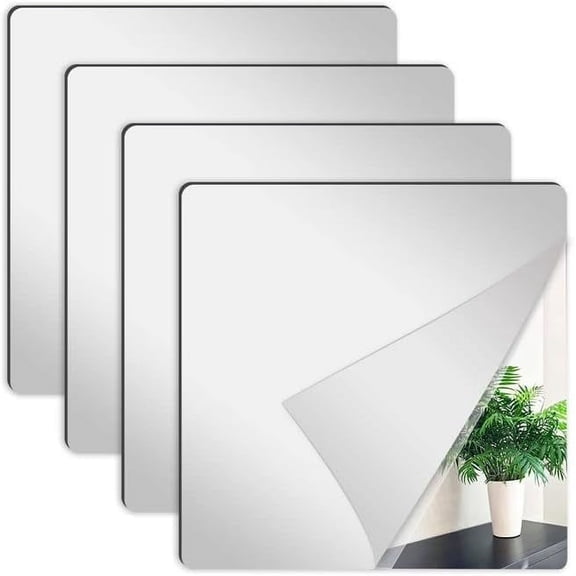 4 Pack Self Adhesive Acrylic Mirror, Plastic Mirror Sheets Wall Stickers, 2MM Thick Frameless Mirrors Set 12 x 12Inch Mirror Tiles, Self Adhesive Acrylic Square Mirror for Bathroom Home Gym Door