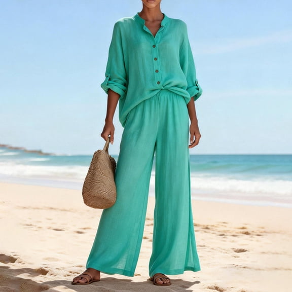 Women's V-Neck Long Sleeve Shirt and Wide Leg Pants Set Casual Loose Fit Fashion Comfortable 2 Piece Outfits, Green, L