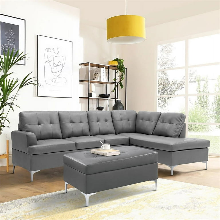 Grey Faux Leather Sectional Sofa Baci Living Room