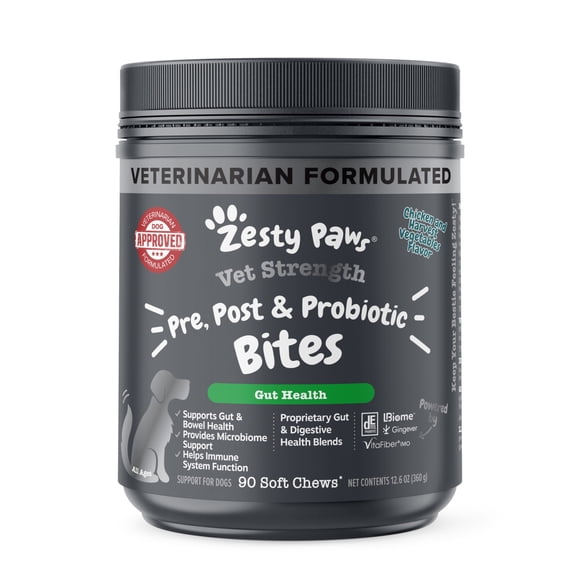 Zesty Paws Vet Strength Pre, Post, & Probiotic Bites for Dogs, for Gut Health & Immune Support, Chicken Flavor, 90ct